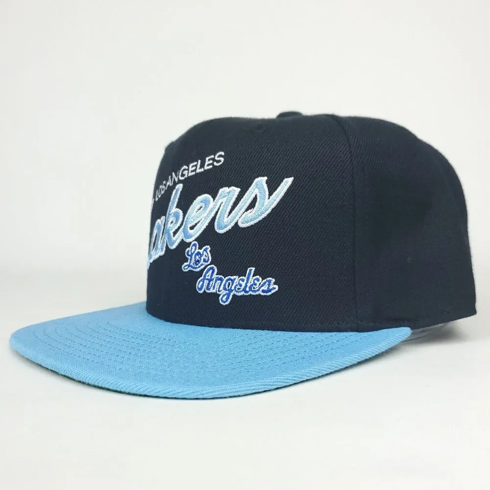 LA Lakers Mitchell & Ness Fitted 7 1/4‎ Flatbill Hat Cap Script Logo Black New